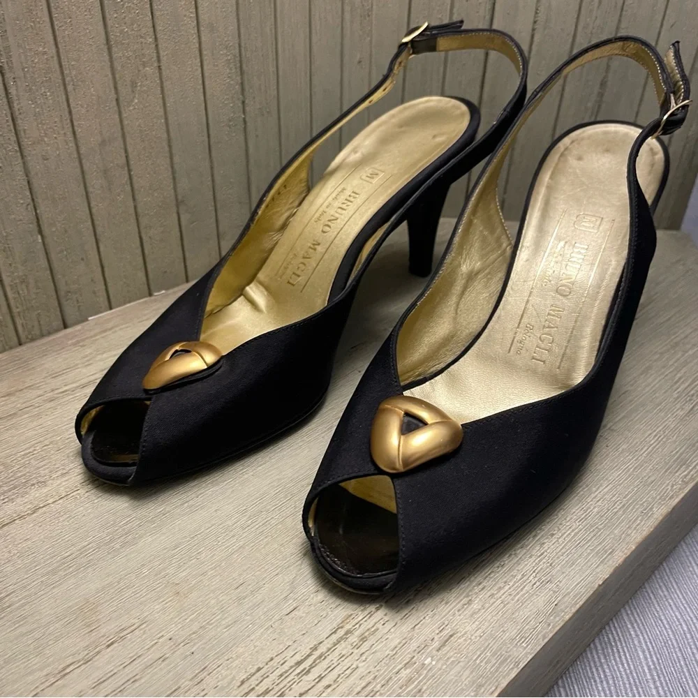 Bruno Magli Black Fabric with Gold Open Tor Slingback Heels Made in Italy 6.5B - Picture 6 of 13